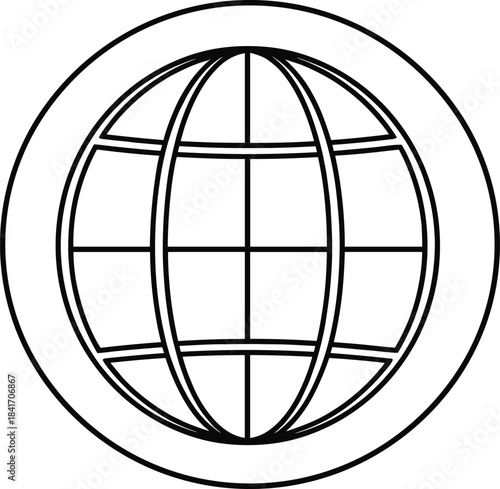 Minimal line art globe icon symbolizing global connection, worldwide network, international communication, and global web navigation design