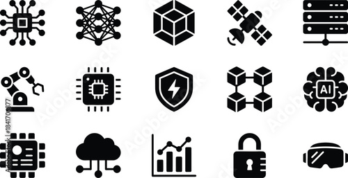 a collection of various black artificial intelligence icons including neural networks data centers microchips and security symbols displayed on a white background high quality