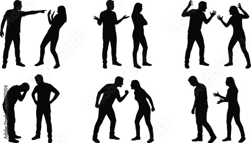 a collection of silhouetted figures depicting various confrontational and expressive body language poses capturing moments of argument and interaction high quality professional detailed modern