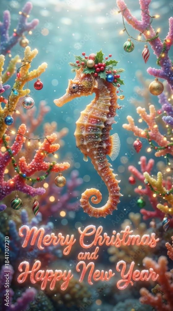 Fototapeta premium Seahorse Christmas Celebration - A festive seahorse adorned with holiday decorations celebrates Christmas and the New Year in an underwater wonderland