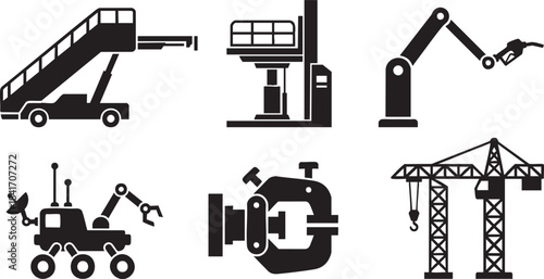 Set of six black industrial machinery icons including stairs vehicle forklift robot arm crane and rover