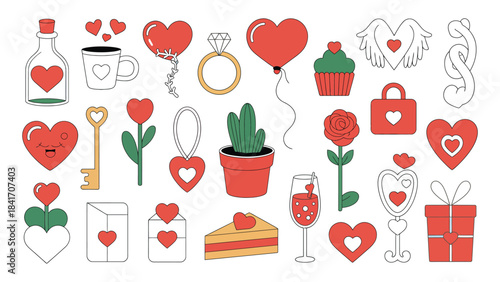 A collection of diverse valentine's day icons and romantic symbols for celebrating love