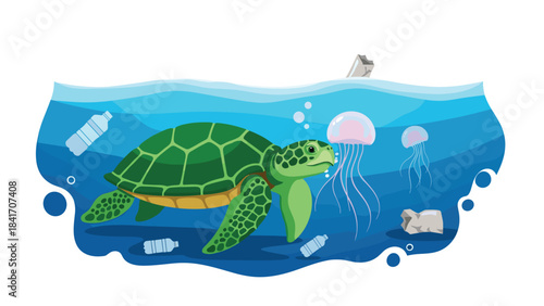 Green sea turtle swimming in ocean with plastic pollution and jellyfish around it in the water