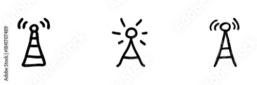 Radio Tower Signal Line Icon Set In Doodle Style. Wireless Communication, Broadcasting, And Signal Transmission Outline Sketch Collection. Hand Drawn Isolated Vector Illustration