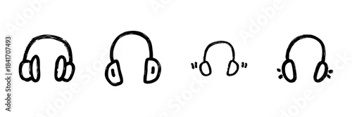 Headphones Line Icon Set In Doodle Style. Audio Listening, Music Enjoyment, And Sound Experience Outline Sketch Collection. Hand Drawn Isolated Vector Illustration