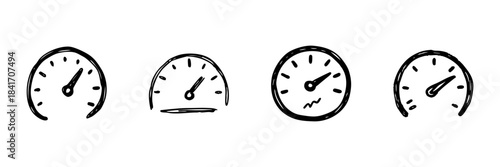 Speedometer Gauge Line Icon Set In Doodle Style. Performance Measurement, Speed Tracking, And Efficiency Monitoring Outline Sketch Collection. Hand Drawn Isolated Vector Illustration