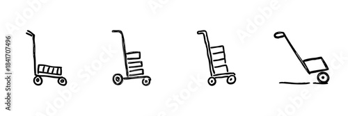 Hand Truck And Dolly Line Icon Set In Doodle Style. Material Handling, Logistics, And Transportation Equipment Outline Sketch Collection. Warehouse And Delivery Tools. Hand Drawn Vector Illustration