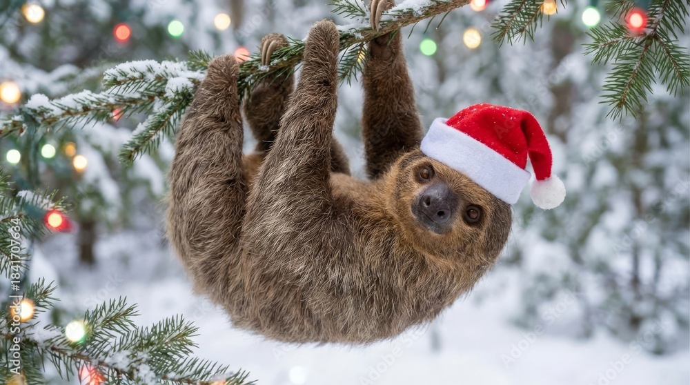 Naklejka premium Sloth Hanging Tree Branch Christmas - A sloth wearing a Santa hat hangs from a snow-covered branch, symbolizing holiday cheer, relaxation, nature, winter, and slow paced living