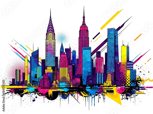 Vibrant pop art new york city skyline illustration featuring colorful paint splatters