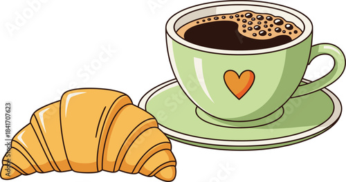 Delicious breakfast illustration featuring a warm cup of coffee with heart design and a fresh buttery croissant