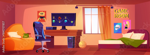Vector illustration of a gaming room interior banner.