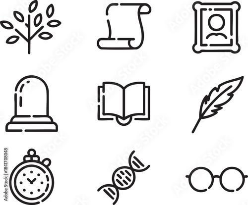 Black outline icons of a tree scroll portrait tombstone open book feather stopwatch D N A and glasses