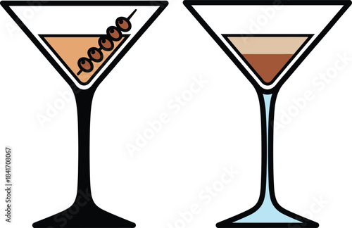 Elegant cocktail martini glasses with garnish and layered drink illustration for bar menus, mixology icons, and beverage designs