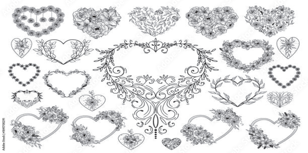 Naklejka premium Valentine Floral Heart Frames and valentine Decorative Love Wreaths Set