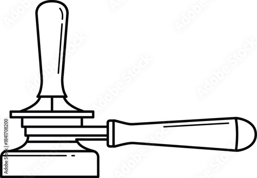 Minimalist line art vector of espresso tamper with portafilter handle for barista tools, coffee brewing, and café design