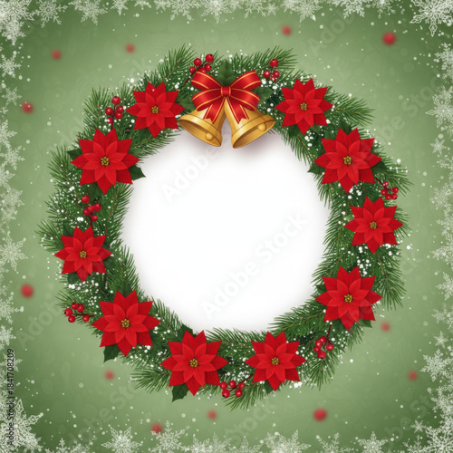 Christmas wreath frame with red poinsettia, green pine, gold bell, and festive background
