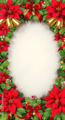 Christmas wreath frame with red poinsettia, gold bell, green pine, festive decoration, joyful
