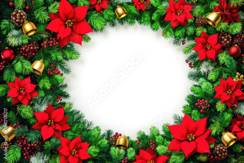 Christmas wreath frame with red poinsettia, pine branches, gold bells, and festive decoration
