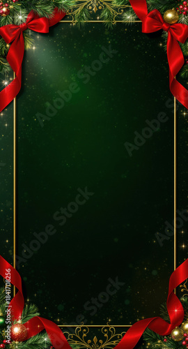 Festive dark green Christmas background with red ribbon, gold frame, pine branches, ornaments
