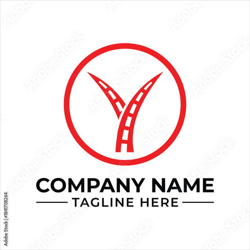 Modern red road logo design featuring a fork in the path inside a circle for travel and navigation business