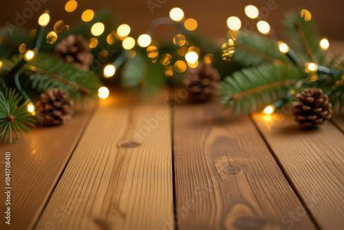 Festive pine branch with pinecone and warm lights on rustic wooden table surface