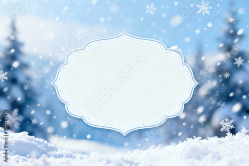 Snowy background blank label winter scene, soft falling snow, frosty trees, festive atmosphere