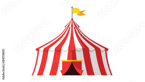 A colorful illustration of a red and white striped circus tent with a yellow flag on top