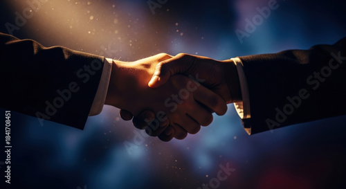 Two hands shaking dramatic lighting, business agreement, partnership, trust, cooperation, success