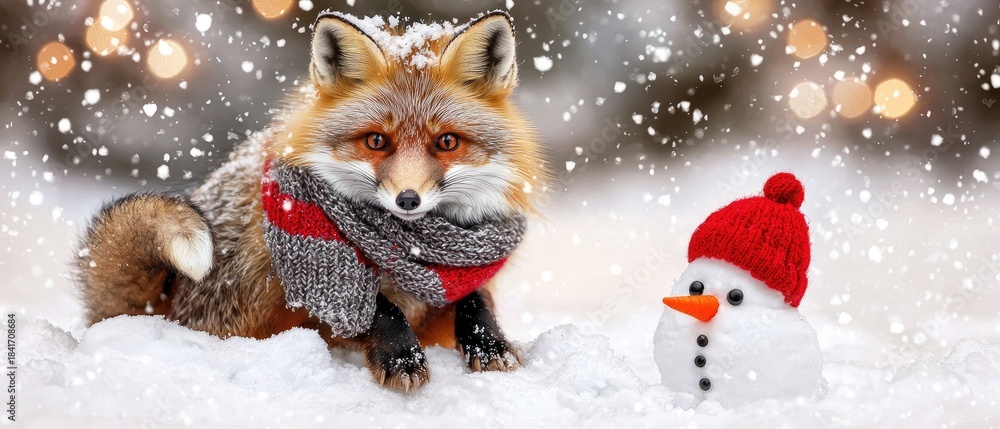 Obraz premium Fox wearing a scarf sits in snow next to a snowman with a red hat during a winter scene with falling snow