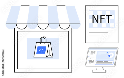 E-commerce, NFTs, digital products, blockchain, online shopping, cryptocurrency. Illustrated storefront with a shopping bag, NFT art and a computer screen. E-commerce and NFT blockchain concept