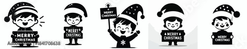 vector silhouette of a little boy holding a "Merry Christmas" sign