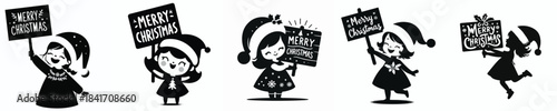vector silhouette of a little girl holding a "Merry Christmas" sign