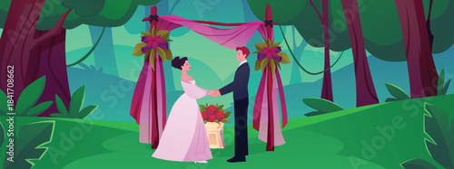 Vector illustration of wedding ceremony in forest, with arch, bride and groom.