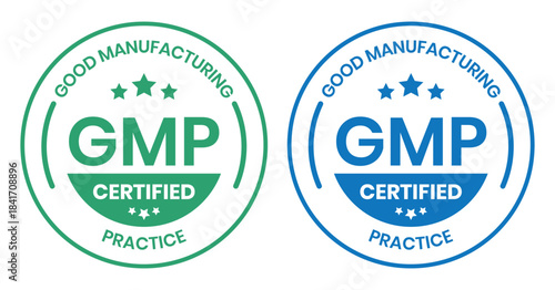 GMP Certified logo. Good Manufacturing Practice Certified Set Badge, Stamp, Icon, Seal, Label, Tag, Emblem For CBD Label Oil and Packaging Design. Vector Illustration