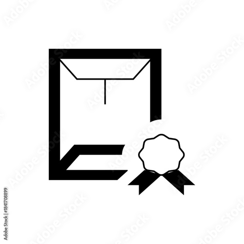 Black and White Sealed Envelope with Ribbon and Seal Icon