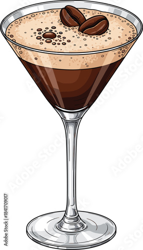 Elegant espresso martini cocktail illustration in a classic glass with coffee beans and frothy foam for drink design
