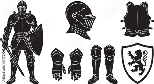 Black silhouette of a medieval knight in full armor holding a sword and shield with separate armor pieces