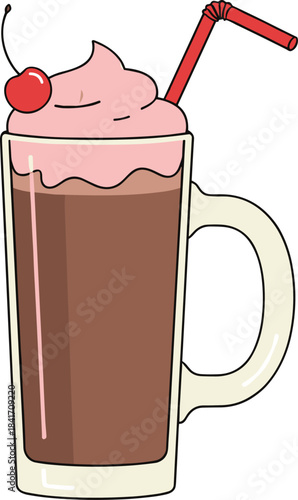 Iced chocolate drink with whipped cream, cherry topping, and straw served in a tall glass mug illustration