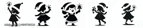 vector silhouette of a little girl ringing a small Christmas bell