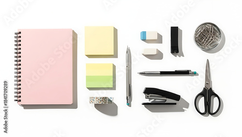 Office Stationery Essentials: A neatly arranged collection of office essentials, including a notebook, sticky notes, pens, scissors, and other stationary