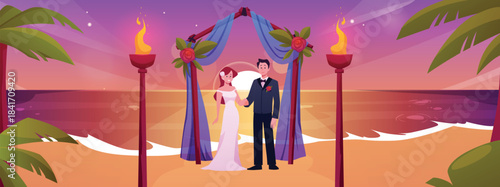 Beach wedding ceremony at sunset, with arch, bride, groom and torches.