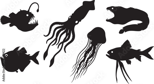 Black silhouettes of deep sea creatures and fish on white background ocean
