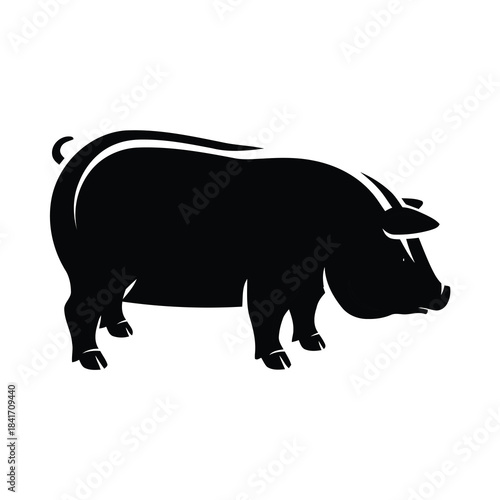 Stylized black silhouette of a domestic farm pig, ideal for agricultural branding, food packaging, or rustic farm-themed designs, showcasing livestock