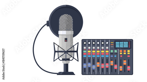 Professional microphone and audio mixing console on a white studio background for music production and recording