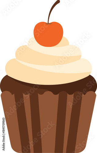 Delicious chocolate cupcake with creamy vanilla frosting and cherry on top, perfect for bakery menus, dessert branding, and packaging