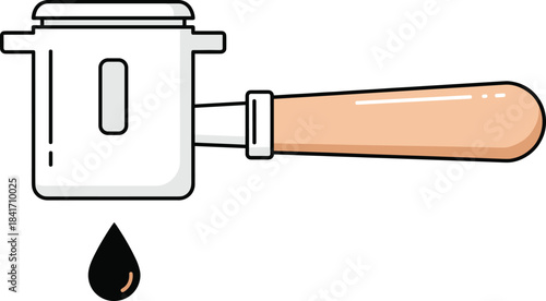 Illustrated espresso portafilter with wooden handle and coffee drip icon for barista tools, café branding, and brewing design