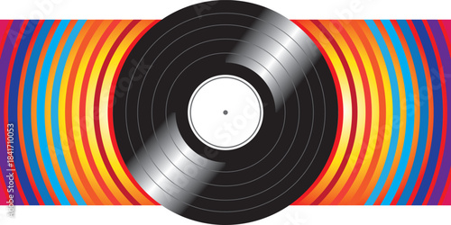 Vinyl record spinning with colorful sound waves background