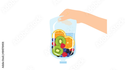 A hand holding a glass of colorful fruit infused water with slices of orange, kiwi, and berries on a