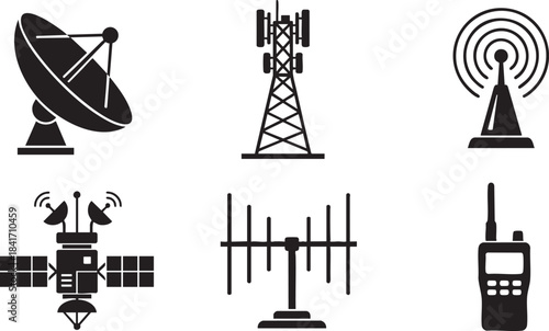 Black vector icons of satellite dish cell tower radio antenna and walkie talkie