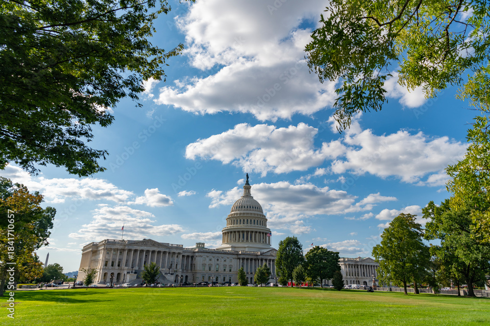 Naklejka premium Washington DC landmark. Senate and House in Washington DC. Capitol dome. Historic Capitol by the national flag. Capitol dome as symbol of law. Washington monument architecture. Washington DC